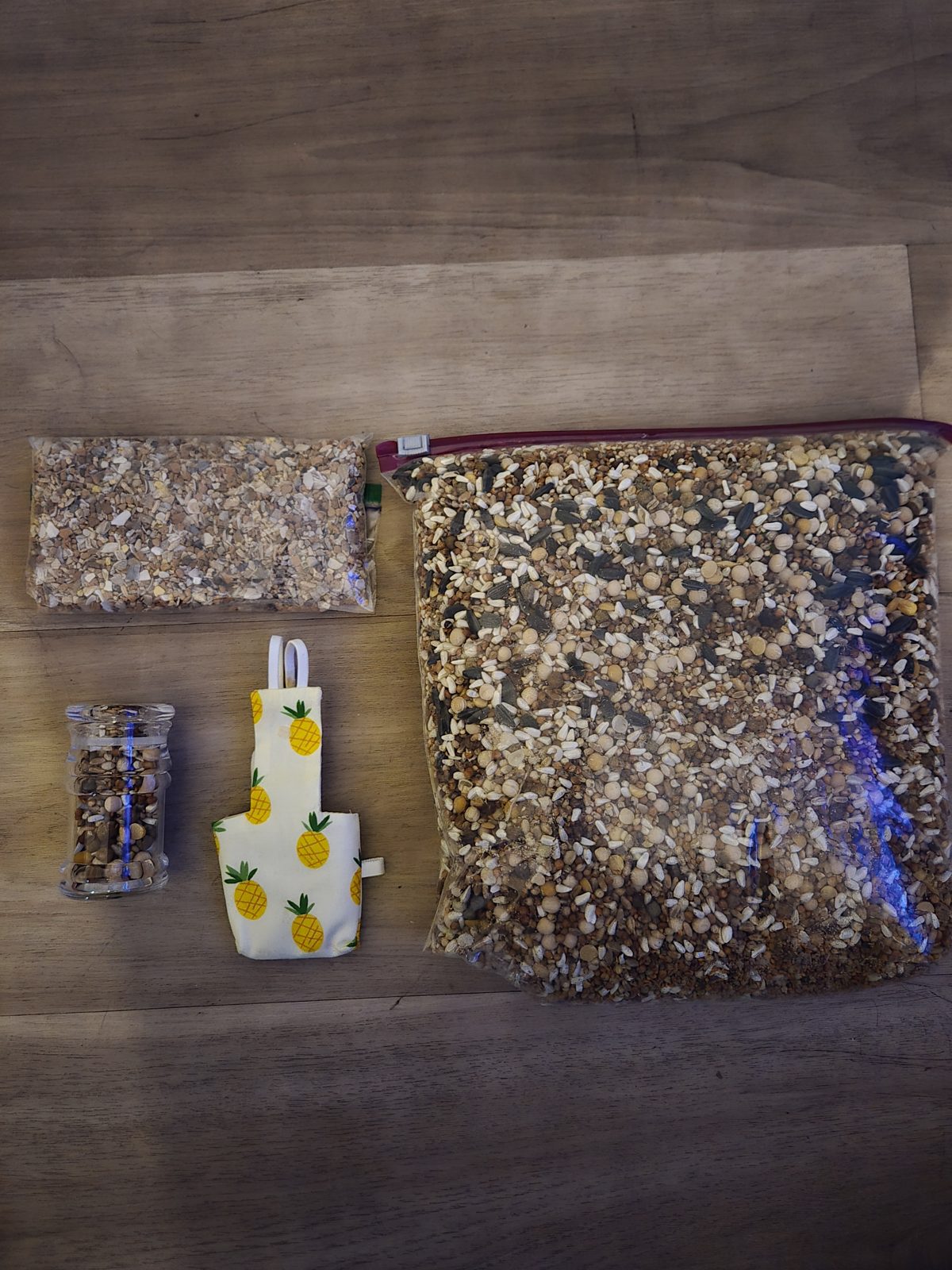 Starter kit contents: bird diaper, pineapple-print feeding pouch, jar of grit, and two bags of food